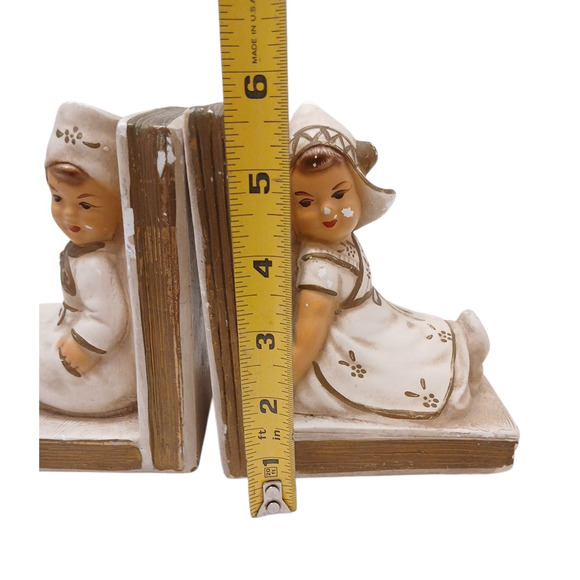 Bookend Set Dutch Boy & Girl Sitting on Books Ceramic Chalkware Nursery Children - Picture 11 of 12
